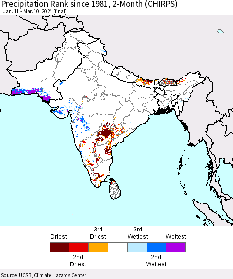 Southern Asia Precipitation Rank since 1981, 2-Month (CHIRPS) Thematic Map For 1/11/2024 - 3/10/2024