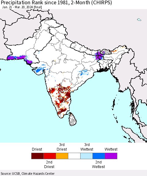 Southern Asia Precipitation Rank since 1981, 2-Month (CHIRPS) Thematic Map For 1/21/2024 - 3/20/2024