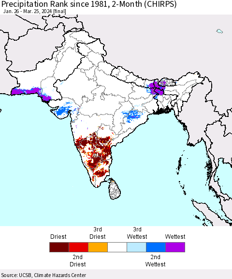 Southern Asia Precipitation Rank since 1981, 2-Month (CHIRPS) Thematic Map For 1/26/2024 - 3/25/2024