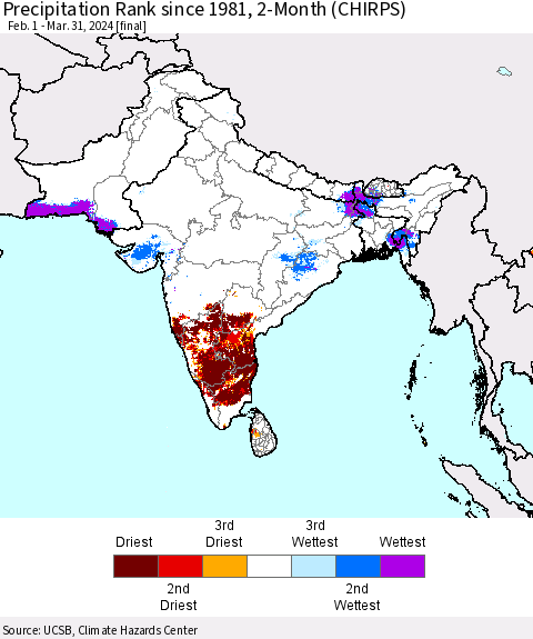Southern Asia Precipitation Rank since 1981, 2-Month (CHIRPS) Thematic Map For 2/1/2024 - 3/31/2024