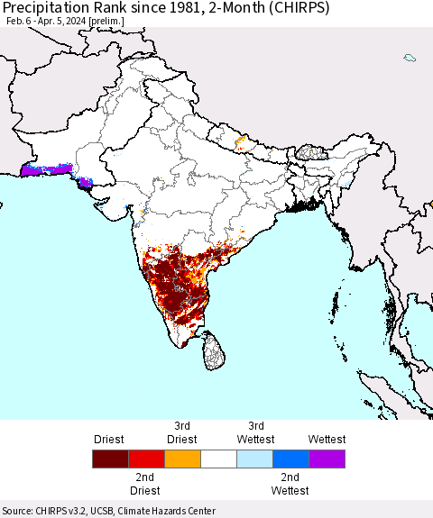 Southern Asia Precipitation Rank since 1981, 2-Month (CHIRPS) Thematic Map For 2/6/2024 - 4/5/2024