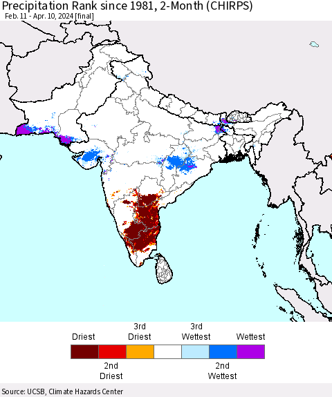 Southern Asia Precipitation Rank since 1981, 2-Month (CHIRPS) Thematic Map For 2/11/2024 - 4/10/2024