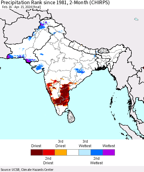 Southern Asia Precipitation Rank since 1981, 2-Month (CHIRPS) Thematic Map For 2/16/2024 - 4/15/2024