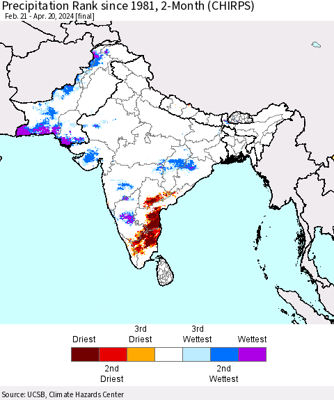 Southern Asia Precipitation Rank since 1981, 2-Month (CHIRPS) Thematic Map For 2/21/2024 - 4/20/2024