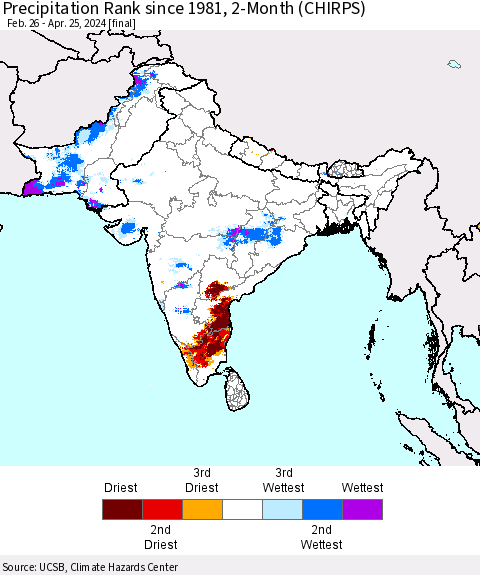 Southern Asia Precipitation Rank since 1981, 2-Month (CHIRPS) Thematic Map For 2/26/2024 - 4/25/2024
