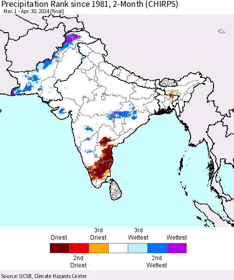 Southern Asia Precipitation Rank since 1981, 2-Month (CHIRPS) Thematic Map For 3/1/2024 - 4/30/2024