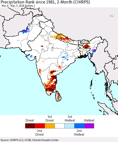 Southern Asia Precipitation Rank since 1981, 2-Month (CHIRPS) Thematic Map For 3/6/2024 - 5/5/2024