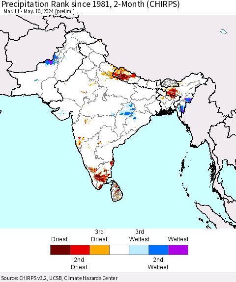 Southern Asia Precipitation Rank since 1981, 2-Month (CHIRPS) Thematic Map For 3/11/2024 - 5/10/2024