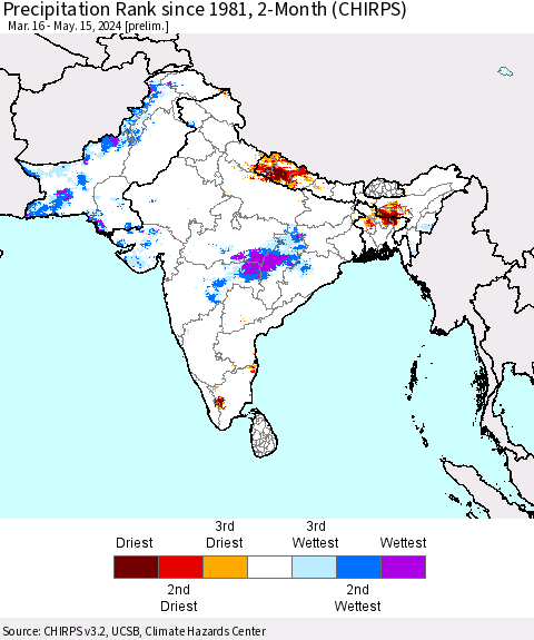 Southern Asia Precipitation Rank since 1981, 2-Month (CHIRPS) Thematic Map For 3/16/2024 - 5/15/2024