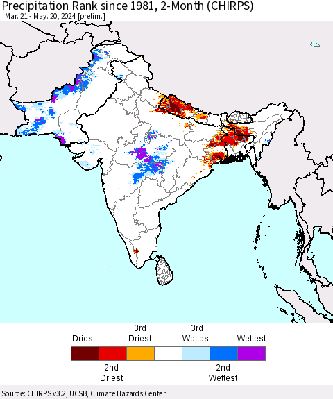 Southern Asia Precipitation Rank since 1981, 2-Month (CHIRPS) Thematic Map For 3/21/2024 - 5/20/2024
