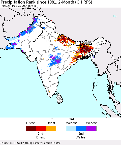Southern Asia Precipitation Rank since 1981, 2-Month (CHIRPS) Thematic Map For 3/26/2024 - 5/25/2024