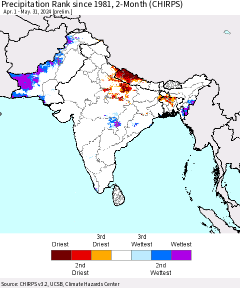 Southern Asia Precipitation Rank since 1981, 2-Month (CHIRPS) Thematic Map For 4/1/2024 - 5/31/2024