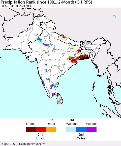 Southern Asia Precipitation Rank since 1981, 2-Month (CHIRPS) Thematic Map For 6/1/2024 - 7/31/2024