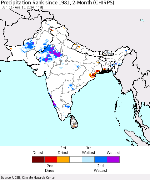 Southern Asia Precipitation Rank since 1981, 2-Month (CHIRPS) Thematic Map For 6/11/2024 - 8/10/2024