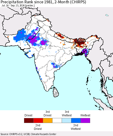 Southern Asia Precipitation Rank since 1981, 2-Month (CHIRPS) Thematic Map For 7/16/2024 - 9/15/2024