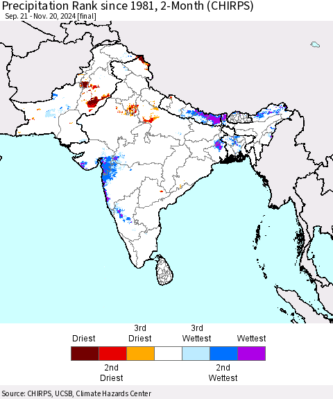 Southern Asia Precipitation Rank since 1981, 2-Month (CHIRPS) Thematic Map For 9/21/2024 - 11/20/2024