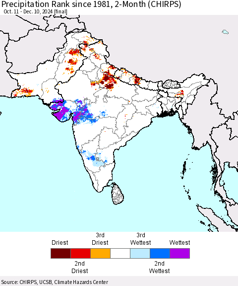 Southern Asia Precipitation Rank since 1981, 2-Month (CHIRPS) Thematic Map For 10/11/2024 - 12/10/2024