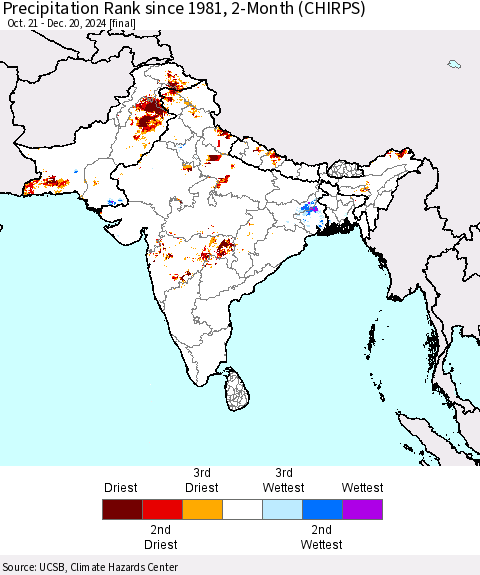Southern Asia Precipitation Rank since 1981, 2-Month (CHIRPS) Thematic Map For 10/21/2024 - 12/20/2024