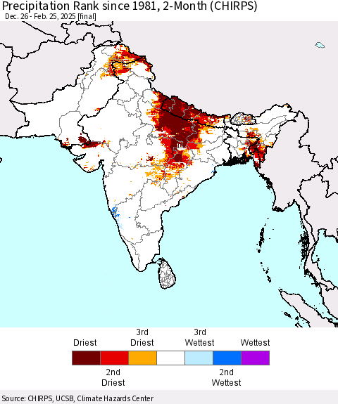 Southern Asia Precipitation Rank since 1981, 2-Month (CHIRPS) Thematic Map For 12/26/2024 - 2/25/2025
