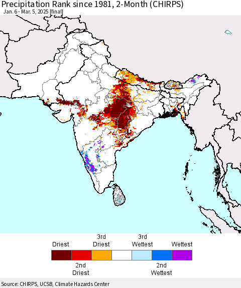 Southern Asia Precipitation Rank since 1981, 2-Month (CHIRPS) Thematic Map For 1/6/2025 - 3/5/2025