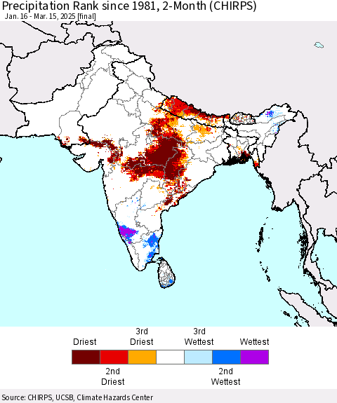 Southern Asia Precipitation Rank since 1981, 2-Month (CHIRPS) Thematic Map For 1/16/2025 - 3/15/2025