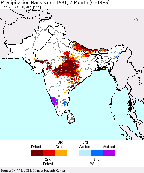 Southern Asia Precipitation Rank since 1981, 2-Month (CHIRPS) Thematic Map For 1/21/2025 - 3/20/2025