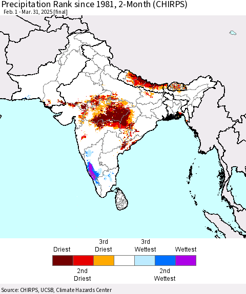 Southern Asia Precipitation Rank since 1981, 2-Month (CHIRPS) Thematic Map For 2/1/2025 - 3/31/2025