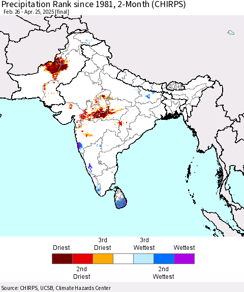 Southern Asia Precipitation Rank since 1981, 2-Month (CHIRPS) Thematic Map For 2/26/2025 - 4/25/2025