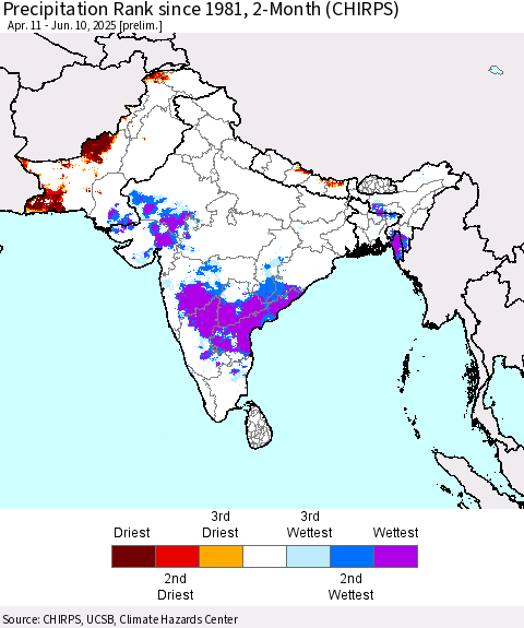 Southern Asia Precipitation Rank since 1981, 2-Month (CHIRPS) Thematic Map For 4/11/2025 - 6/10/2025