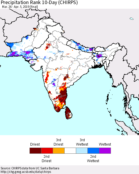 Southern Asia Precipitation Rank 10-Day (CHIRPS) Thematic Map For 3/26/2019 - 4/5/2019