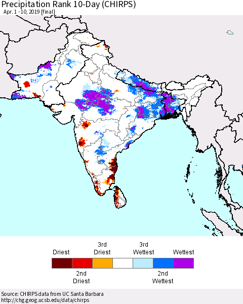 Southern Asia Precipitation Rank 10-Day (CHIRPS) Thematic Map For 4/1/2019 - 4/10/2019