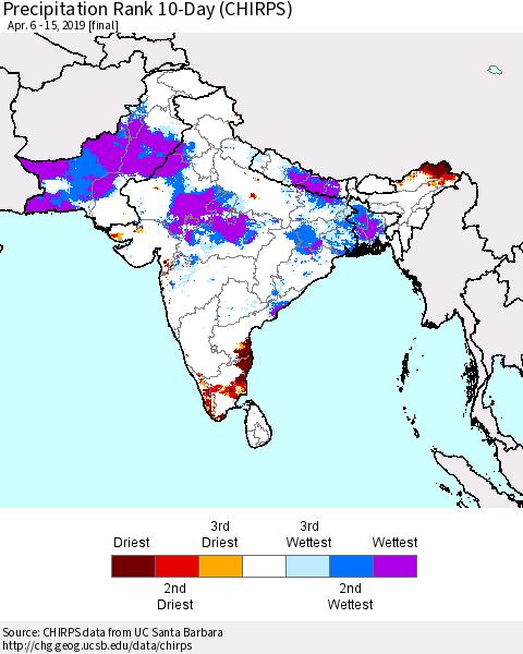 Southern Asia Precipitation Rank since 1981, 10-Day (CHIRPS) Thematic Map For 4/6/2019 - 4/15/2019