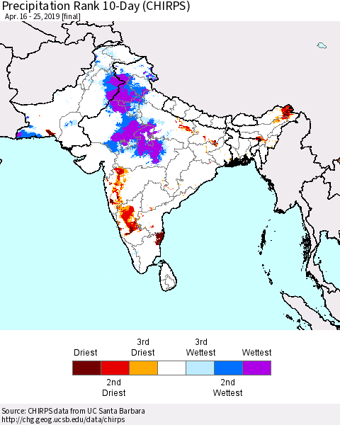 Southern Asia Precipitation Rank 10-Day (CHIRPS) Thematic Map For 4/16/2019 - 4/25/2019