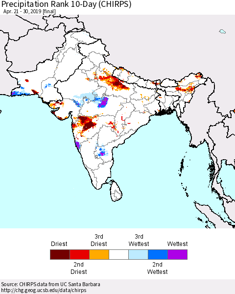 Southern Asia Precipitation Rank since 1981, 10-Day (CHIRPS) Thematic Map For 4/21/2019 - 4/30/2019