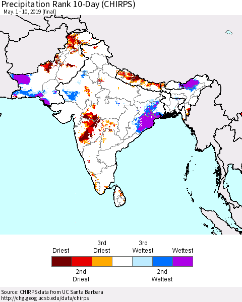 Southern Asia Precipitation Rank 10-Day (CHIRPS) Thematic Map For 5/1/2019 - 5/10/2019