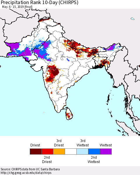 Southern Asia Precipitation Rank since 1981, 10-Day (CHIRPS) Thematic Map For 5/6/2019 - 5/15/2019