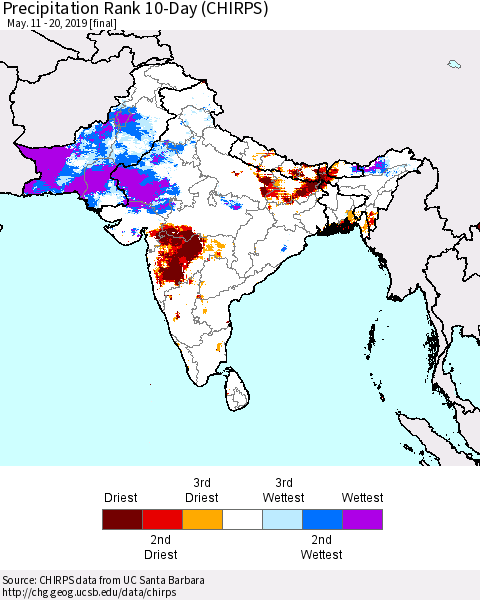 Southern Asia Precipitation Rank 10-Day (CHIRPS) Thematic Map For 5/11/2019 - 5/20/2019