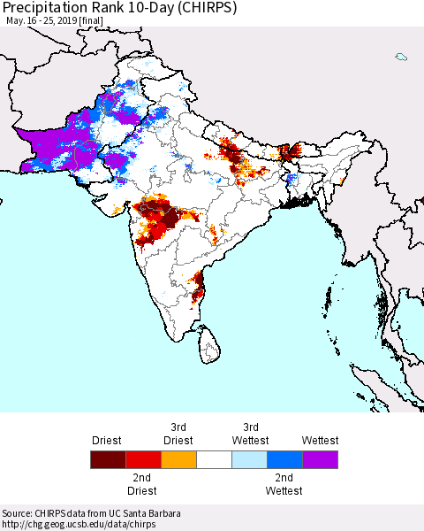 Southern Asia Precipitation Rank since 1981, 10-Day (CHIRPS) Thematic Map For 5/16/2019 - 5/25/2019