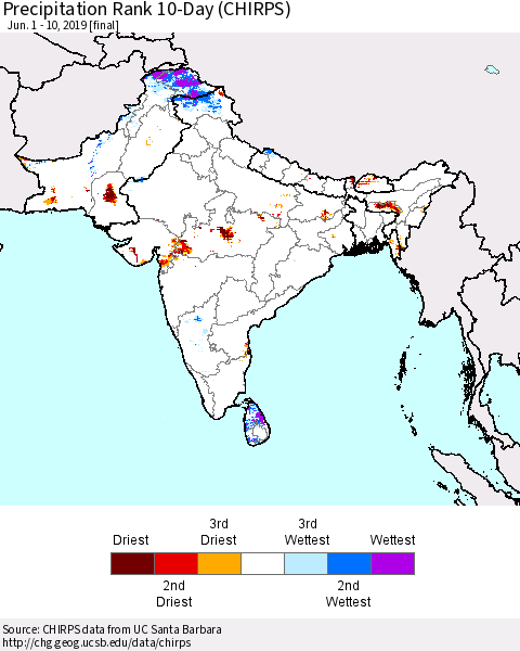 Southern Asia Precipitation Rank 10-Day (CHIRPS) Thematic Map For 6/1/2019 - 6/10/2019