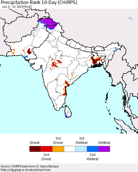 Southern Asia Precipitation Rank 10-Day (CHIRPS) Thematic Map For 6/6/2019 - 6/15/2019