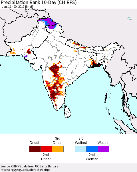 Southern Asia Precipitation Rank 10-Day (CHIRPS) Thematic Map For 6/11/2019 - 6/20/2019