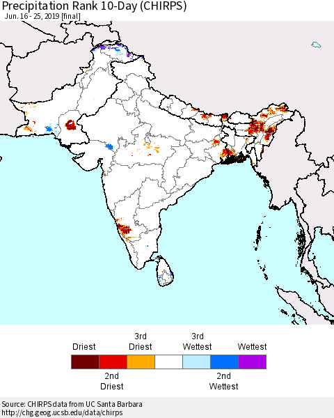 Southern Asia Precipitation Rank since 1981, 10-Day (CHIRPS) Thematic Map For 6/16/2019 - 6/25/2019