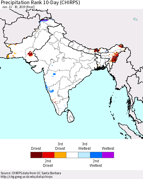 Southern Asia Precipitation Rank since 1981, 10-Day (CHIRPS) Thematic Map For 6/21/2019 - 6/30/2019