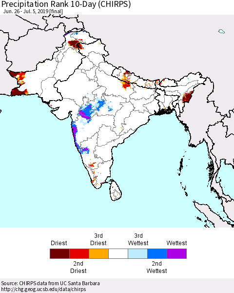 Southern Asia Precipitation Rank 10-Day (CHIRPS) Thematic Map For 6/26/2019 - 7/5/2019