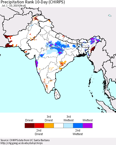 Southern Asia Precipitation Rank 10-Day (CHIRPS) Thematic Map For 7/1/2019 - 7/10/2019