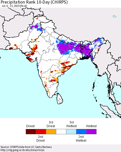 Southern Asia Precipitation Rank since 1981, 10-Day (CHIRPS) Thematic Map For 7/6/2019 - 7/15/2019