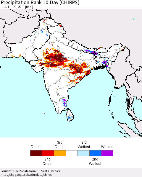 Southern Asia Precipitation Rank 10-Day (CHIRPS) Thematic Map For 7/11/2019 - 7/20/2019