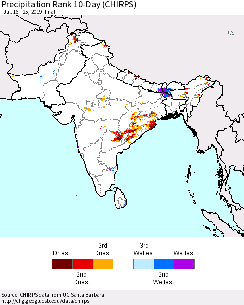 Southern Asia Precipitation Rank since 1981, 10-Day (CHIRPS) Thematic Map For 7/16/2019 - 7/25/2019
