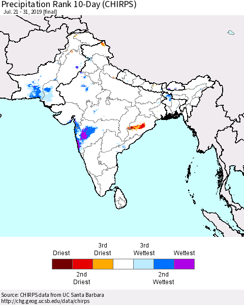 Southern Asia Precipitation Rank since 1981, 10-Day (CHIRPS) Thematic Map For 7/21/2019 - 7/31/2019