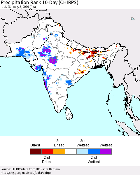 Southern Asia Precipitation Rank since 1981, 10-Day (CHIRPS) Thematic Map For 7/26/2019 - 8/5/2019